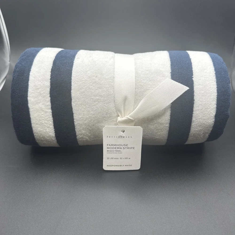 Pottery Barn Beach Towel Modern Farmhouse Stripe Pool Navy Blue White Teen Kids